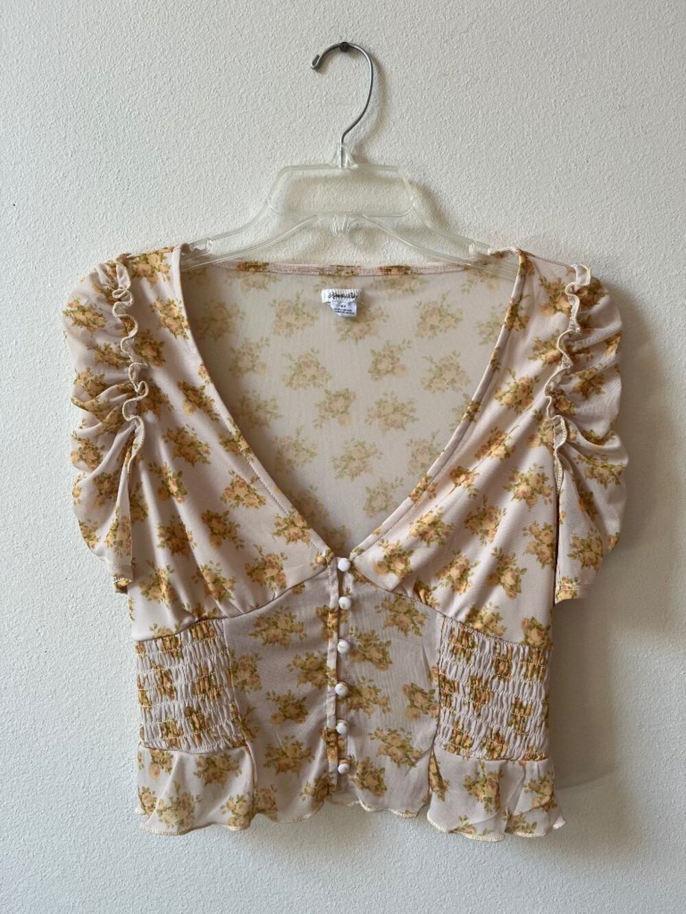 KIMCHI BLUE Urban Outfitters Yellow Floral Rose Sheer Ruffle Blouse Puff Sleeve
